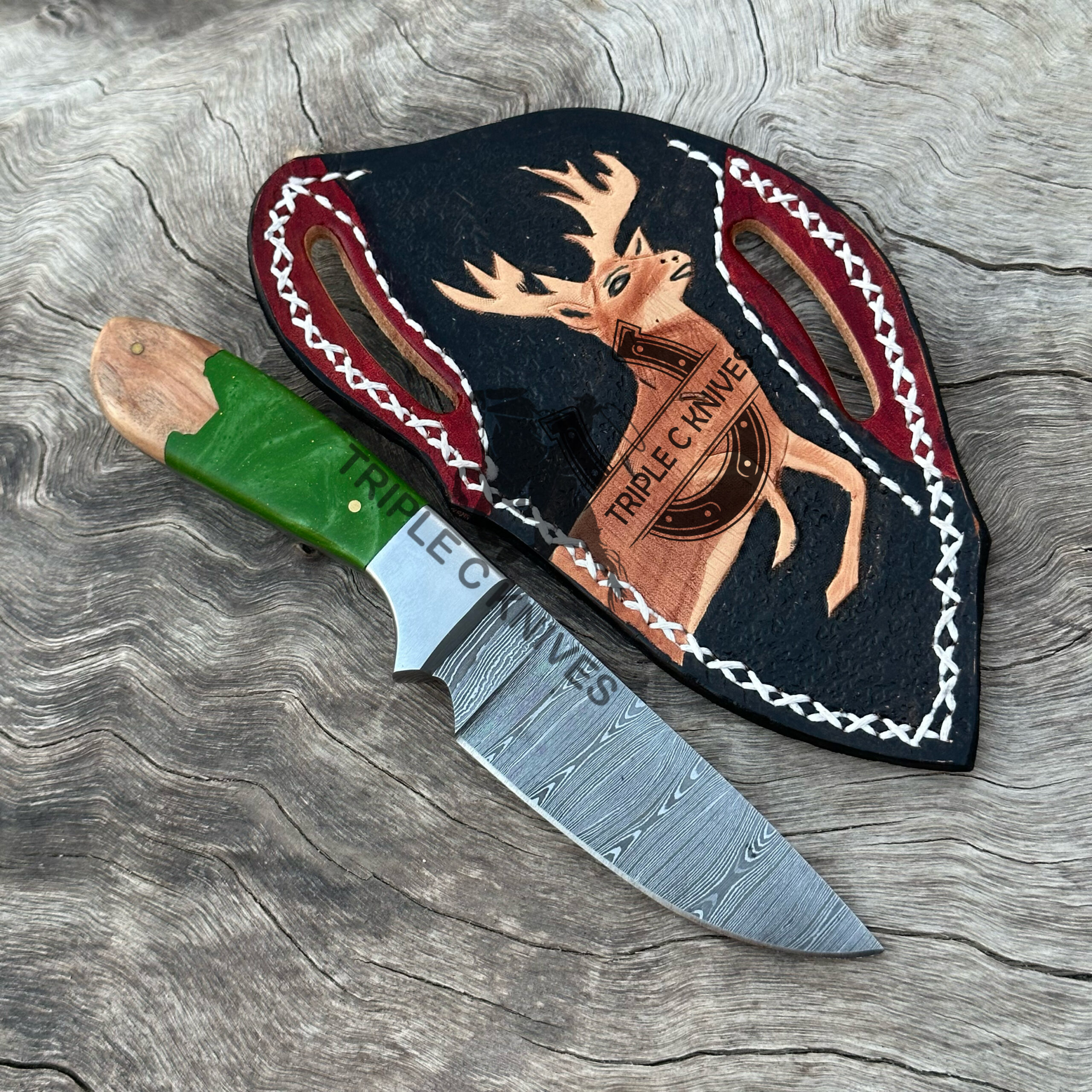 Custom made Damascus steel fixed blade cowboy knives