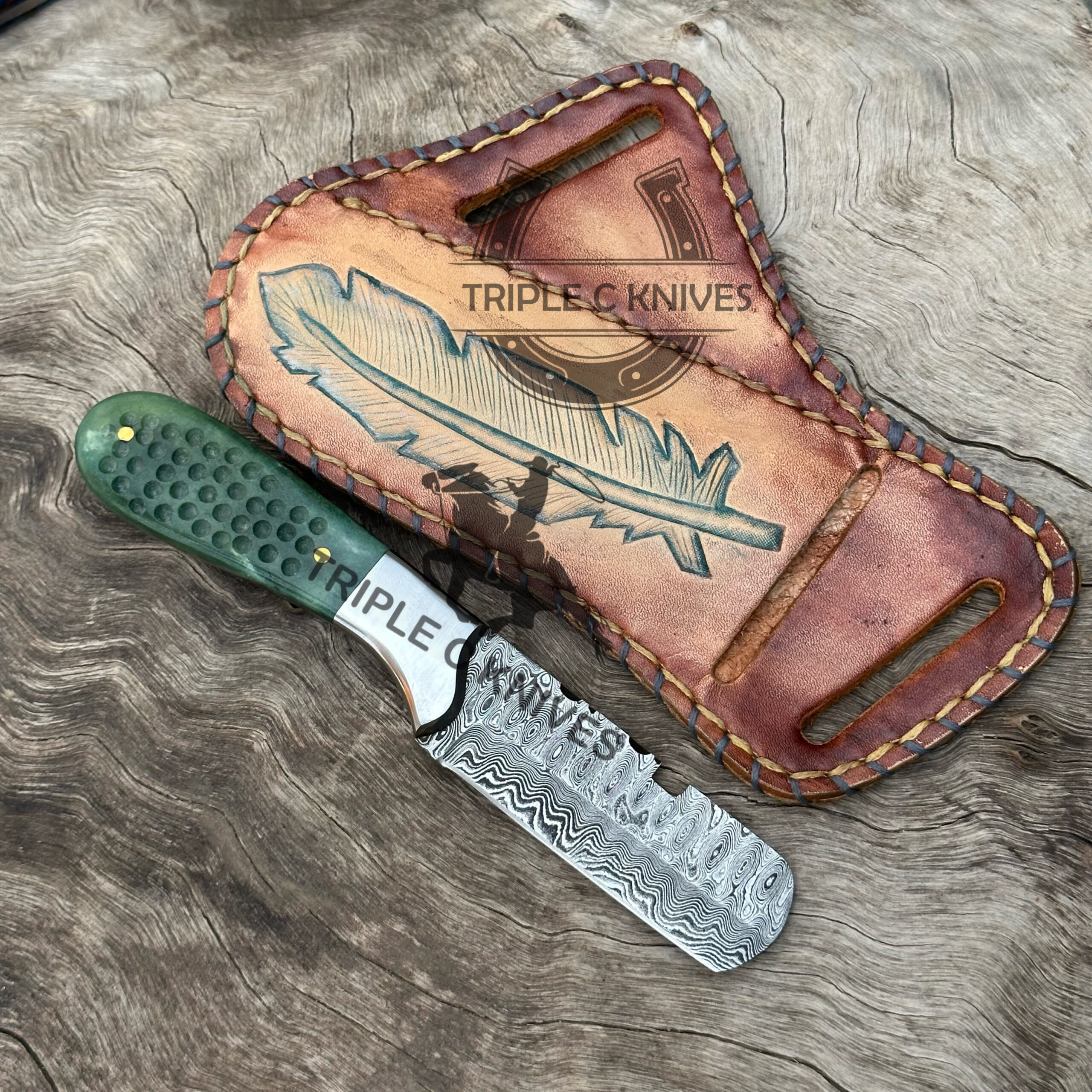 Custom made handmade Damascus steel fixed blade cowboy bull cutter knife