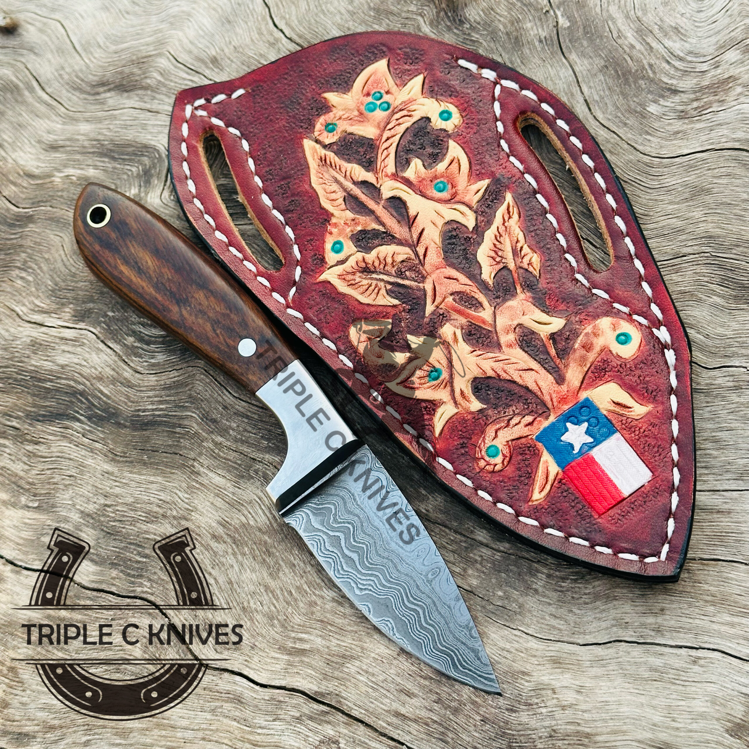Custom made Damascus steel fixed blade cowboy and skinner knives - Image 2
