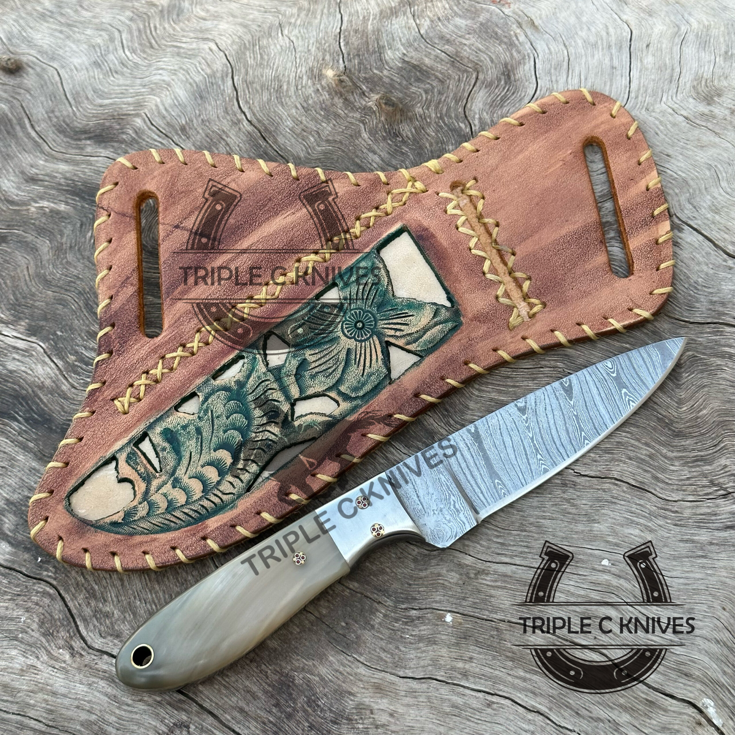 Custom made Damascus steel fixed blade cowboy knives