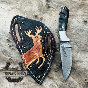 Custom made Damascus steel fixed blade cowboy and skinner knives