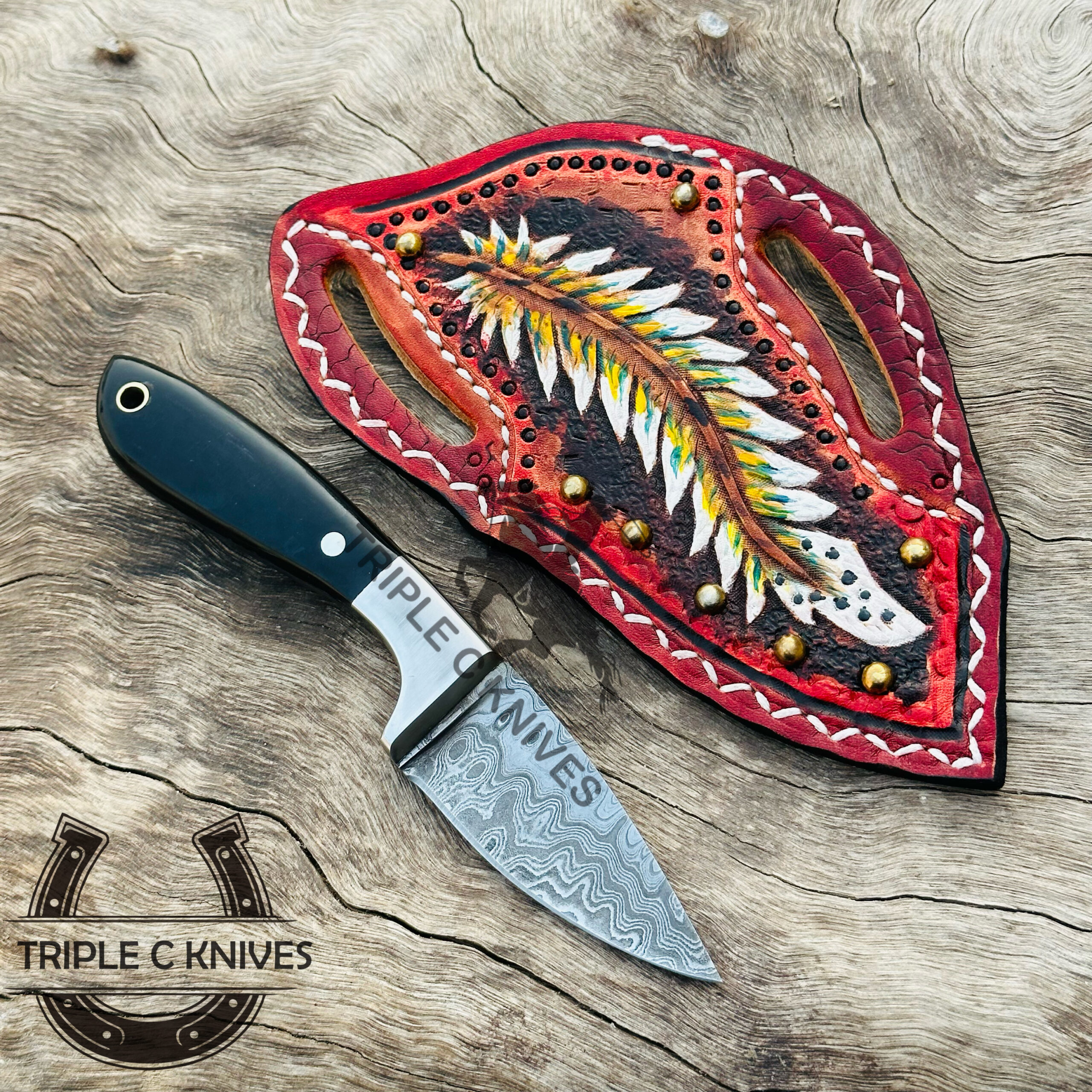 Custom made Damascus steel fixed blade cowboy and skinner knives - Image 4