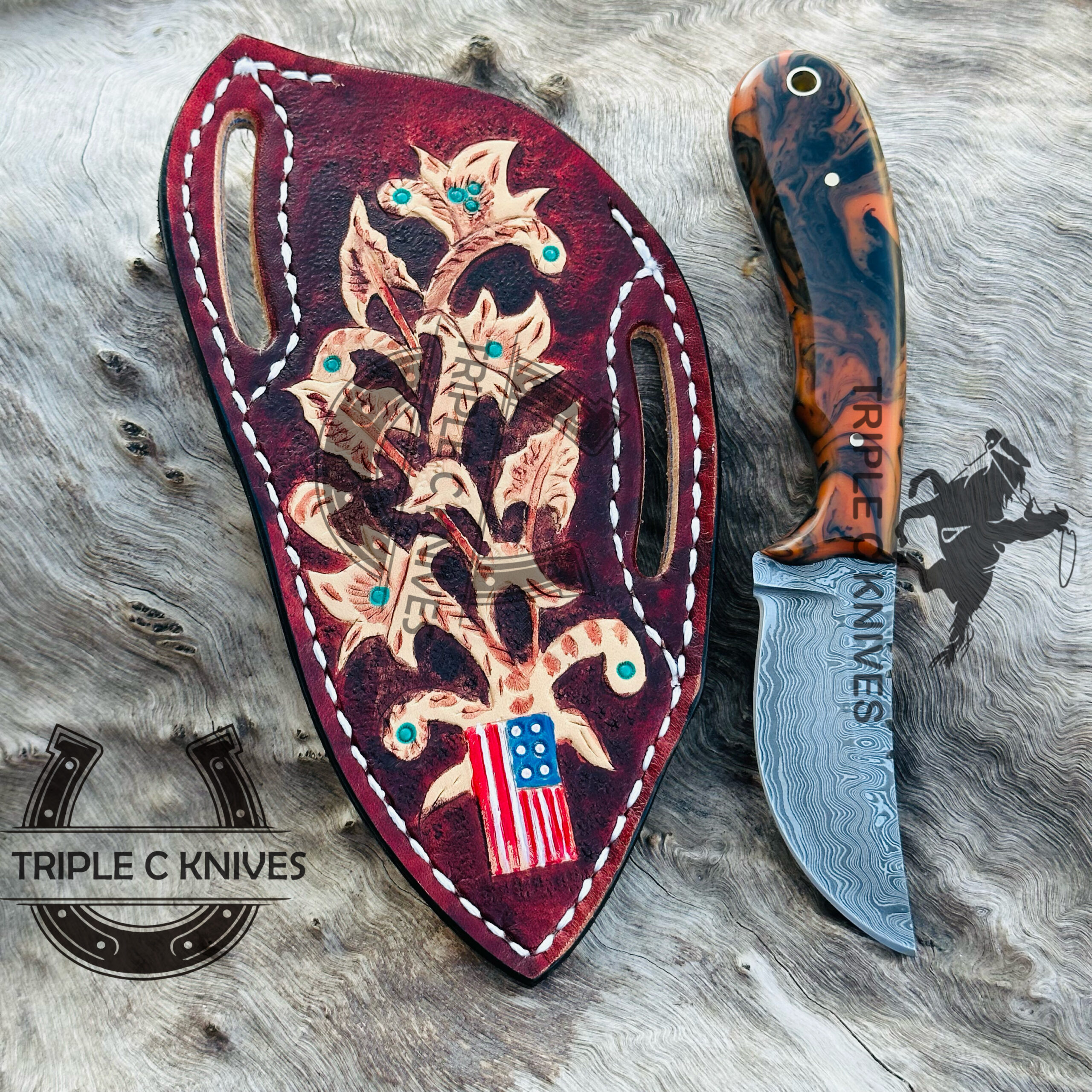 Custom made Damascus steel fixed blade cowboy knives