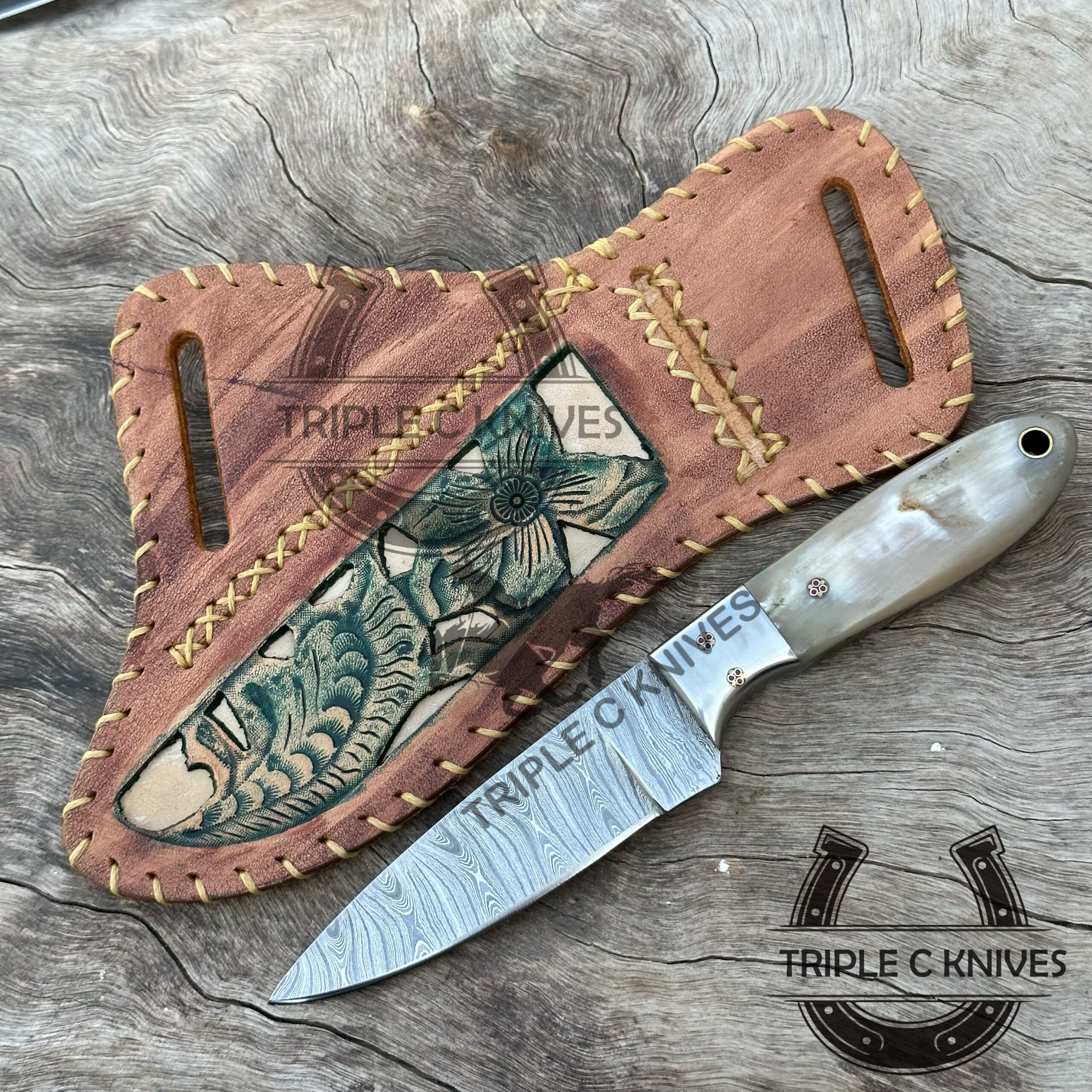 Custom made Damascus steel fixed blade cowboy knives - Image 2