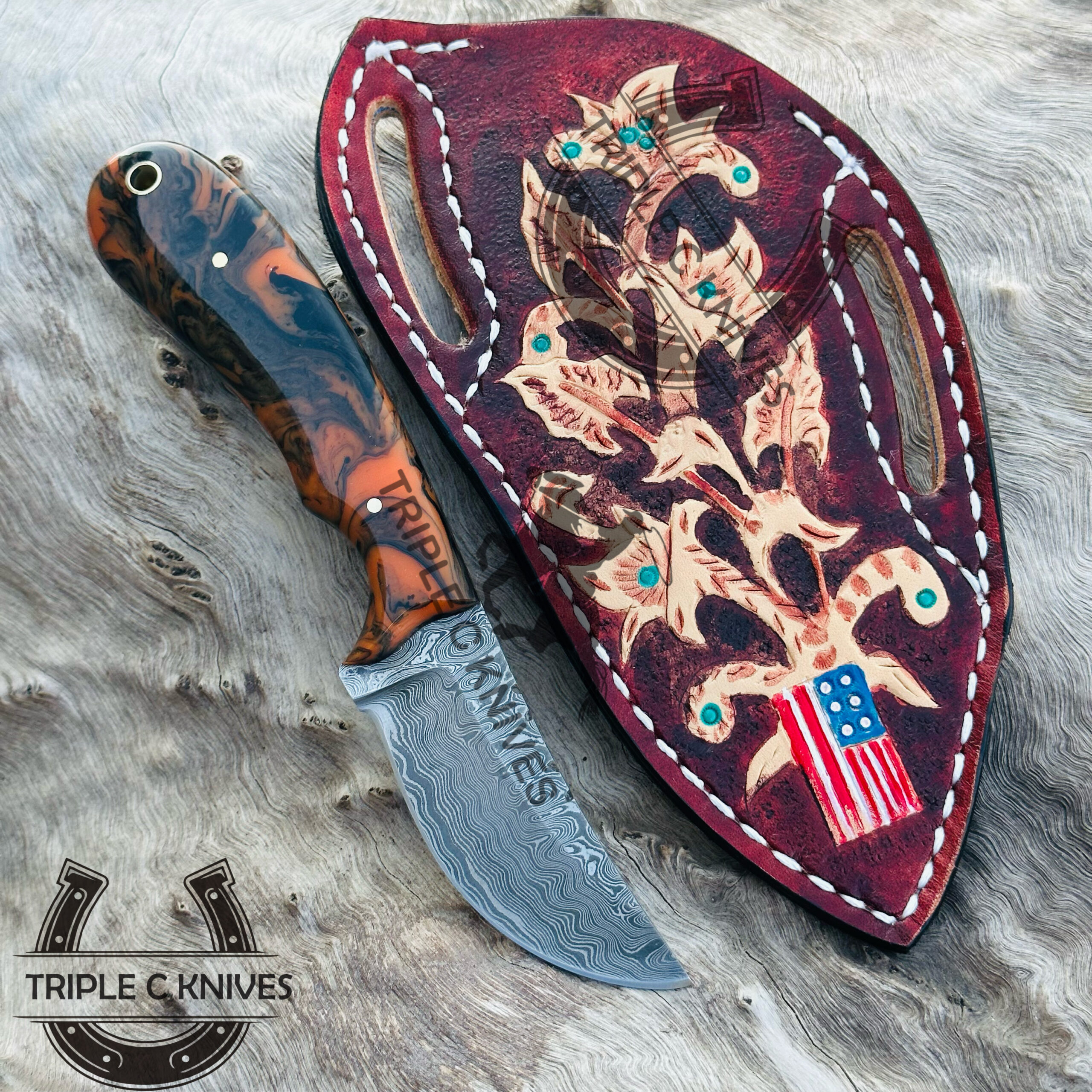 Custom made Damascus steel fixed blade cowboy knives - Image 2