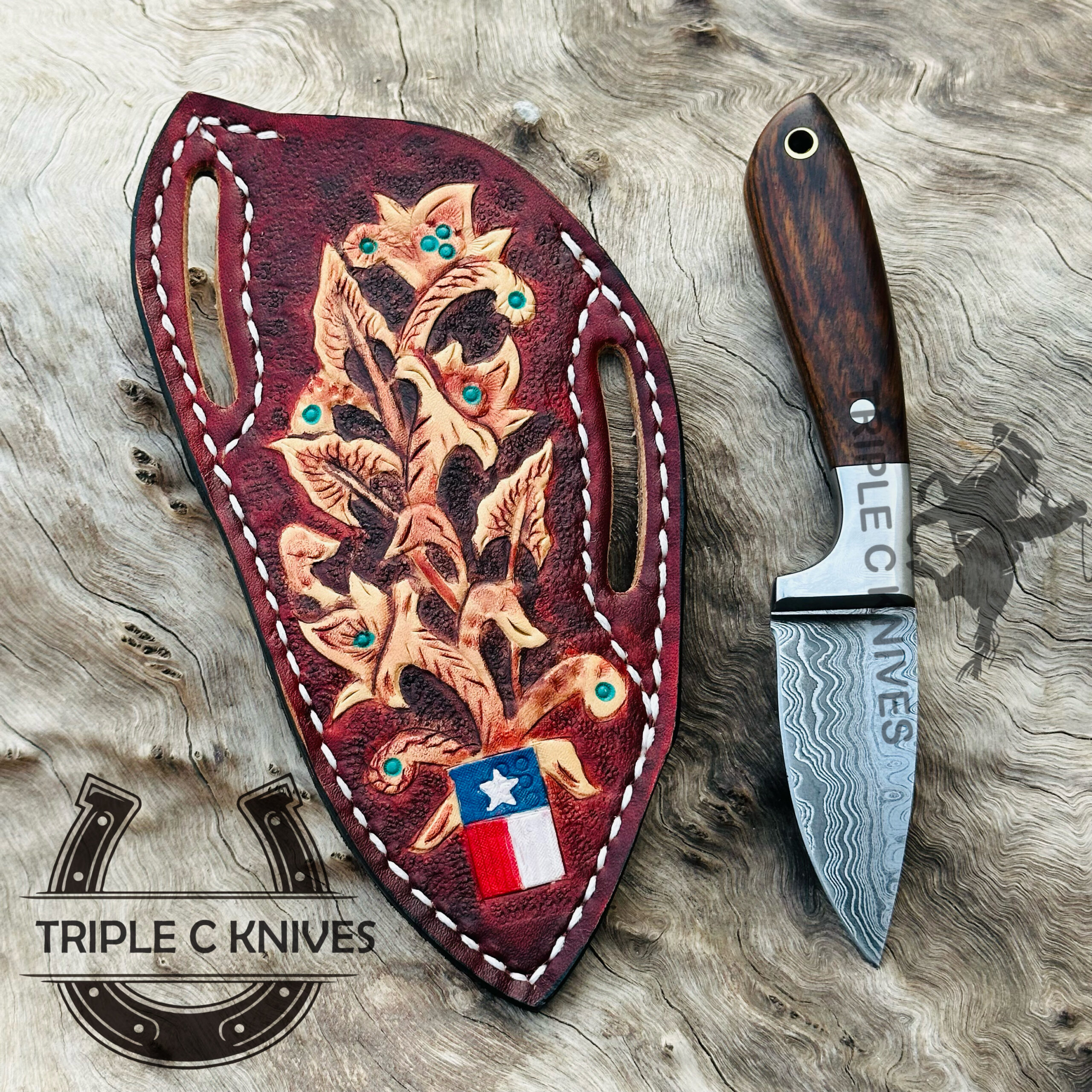 Custom made Damascus steel fixed blade cowboy and skinner knives