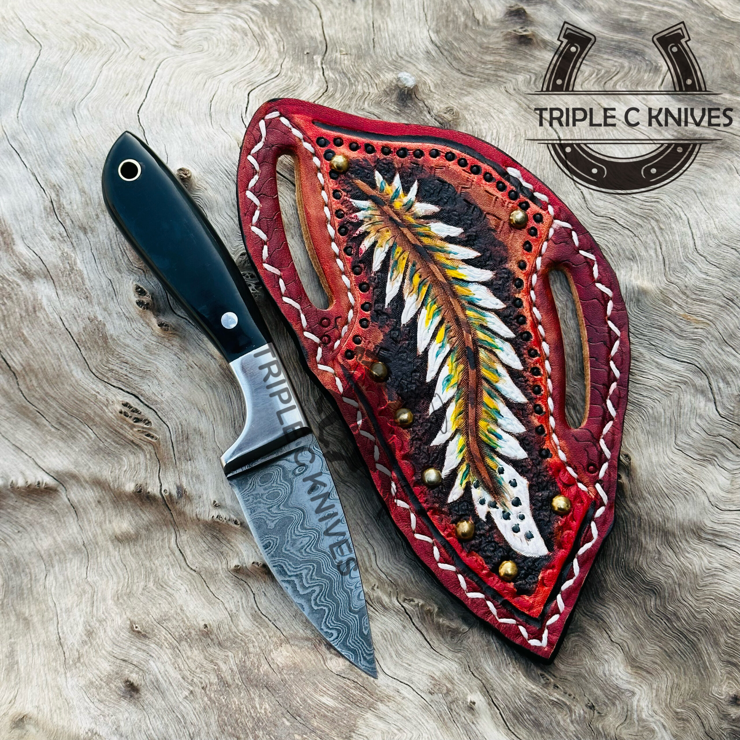 Custom made Damascus steel fixed blade cowboy and skinner knives