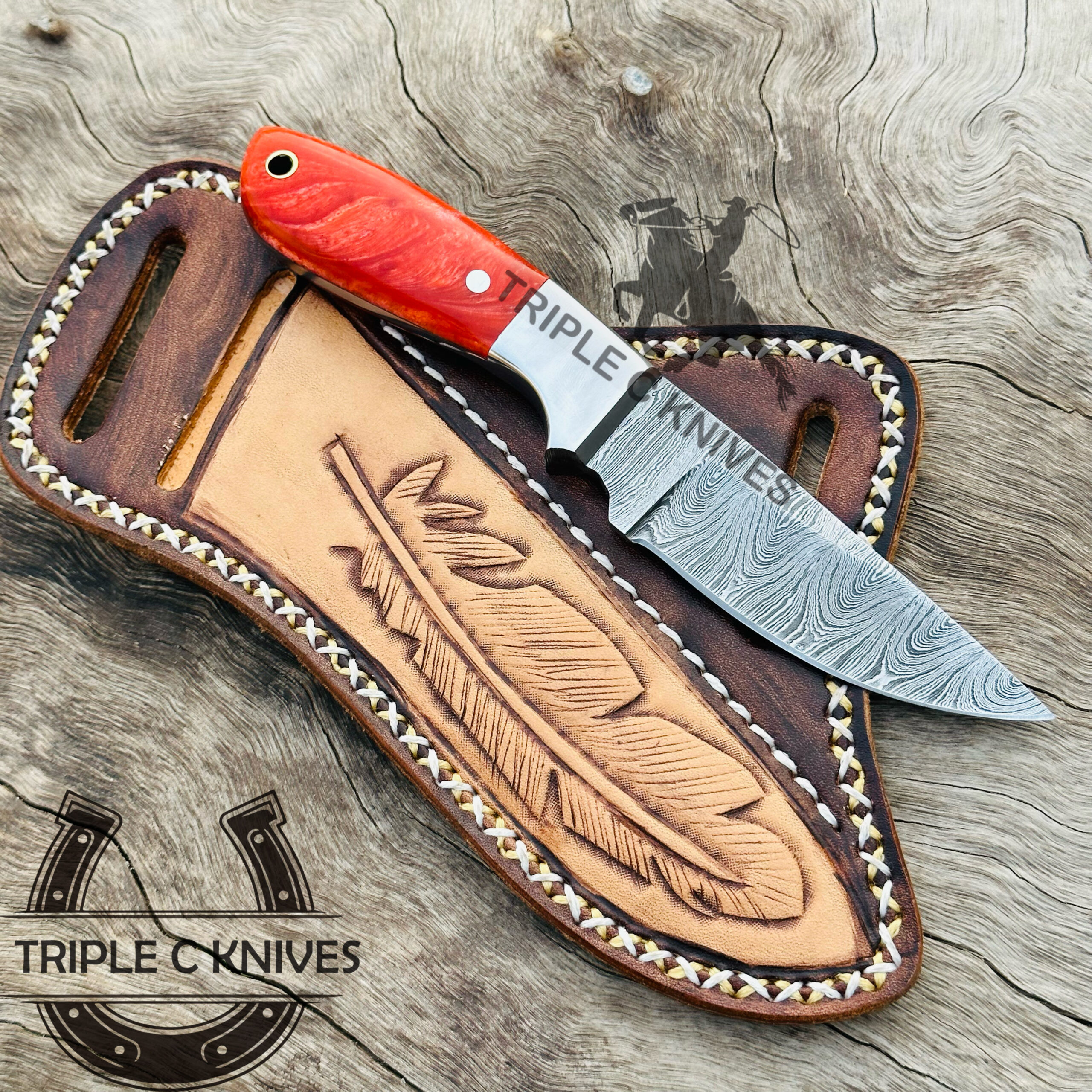 Custom made Damascus steel fixed blade Cowboy knife
