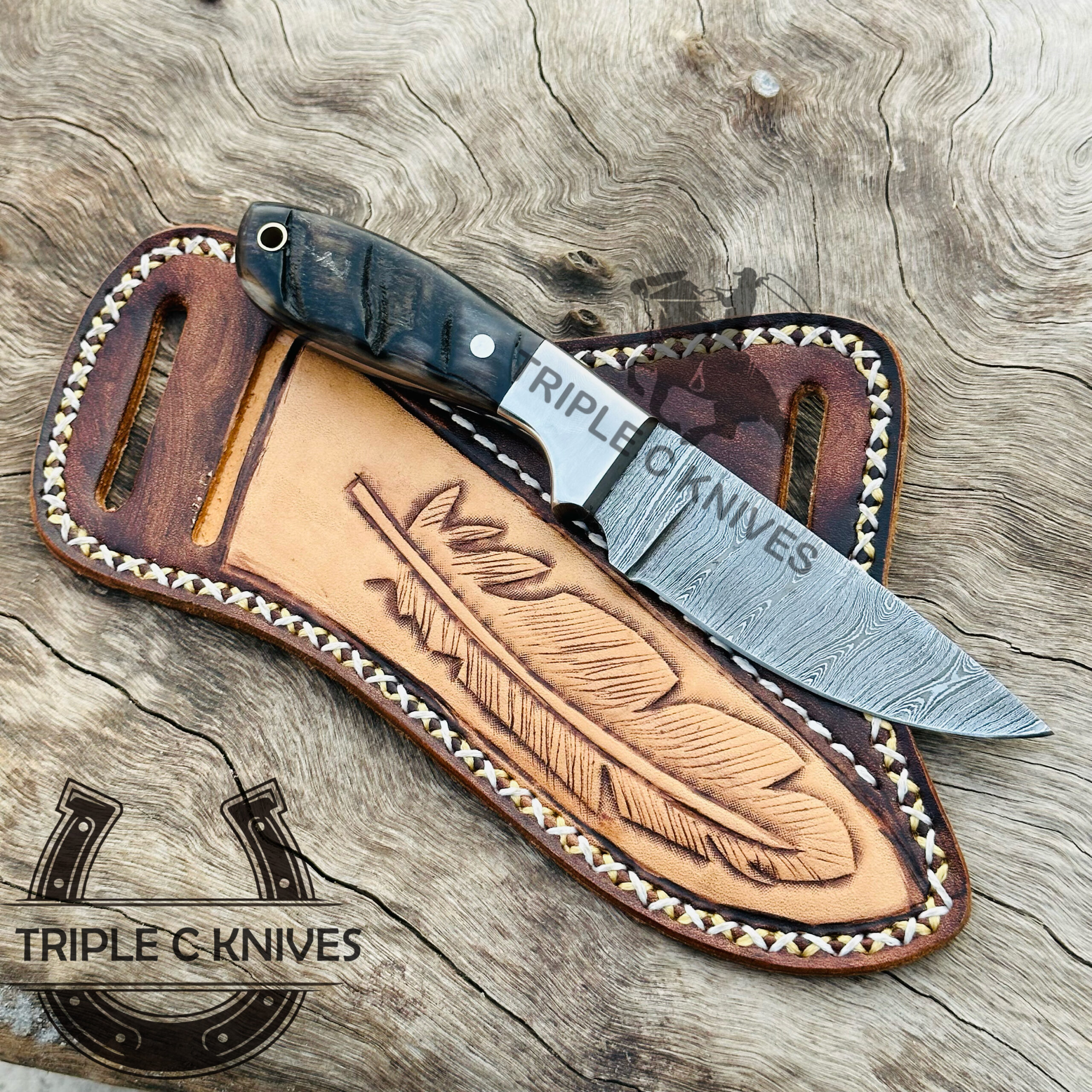 Custom made Damascus steel fixed blade Cowboy knife
