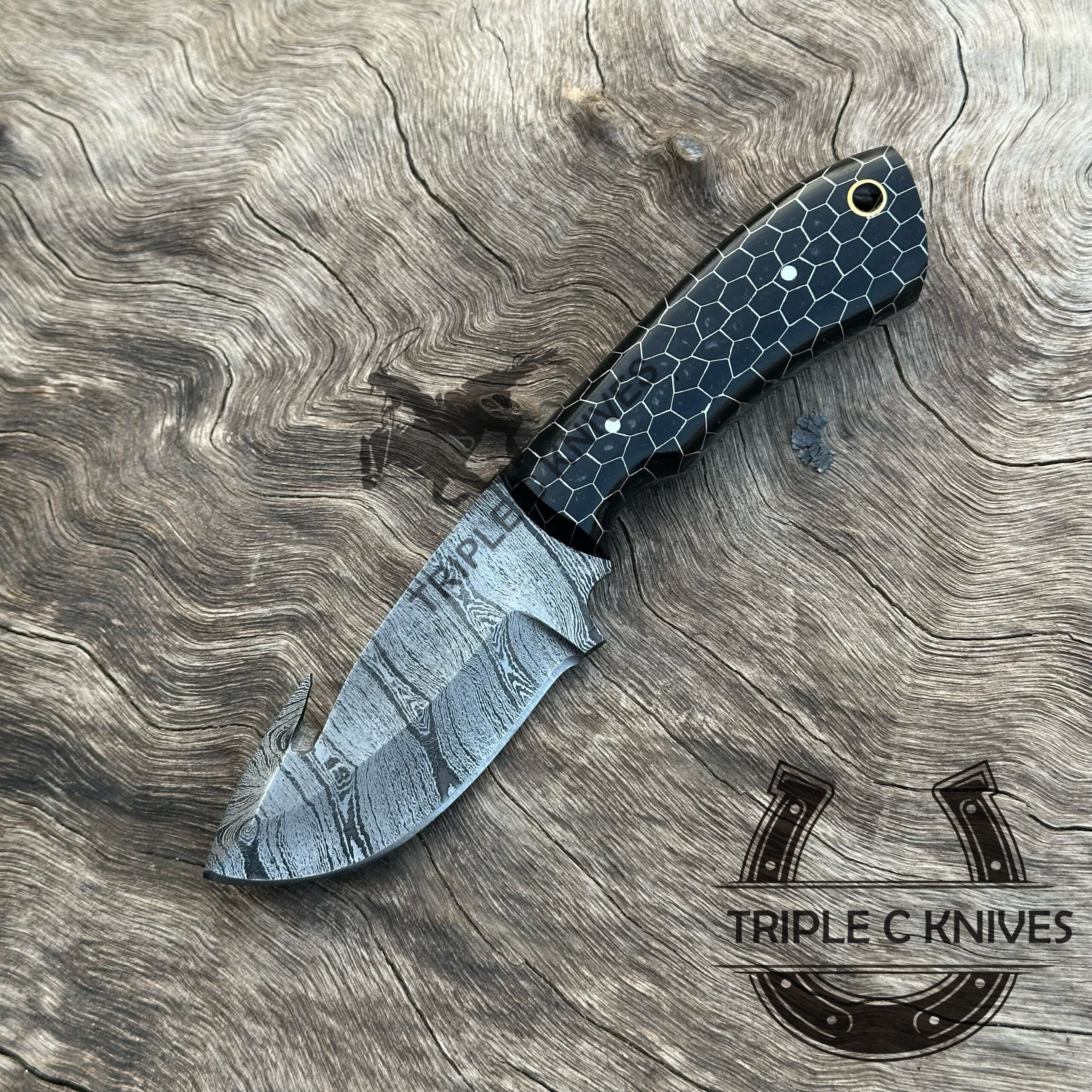 Custom made Damascus steel fixed blade cowboy Gut Hook knife