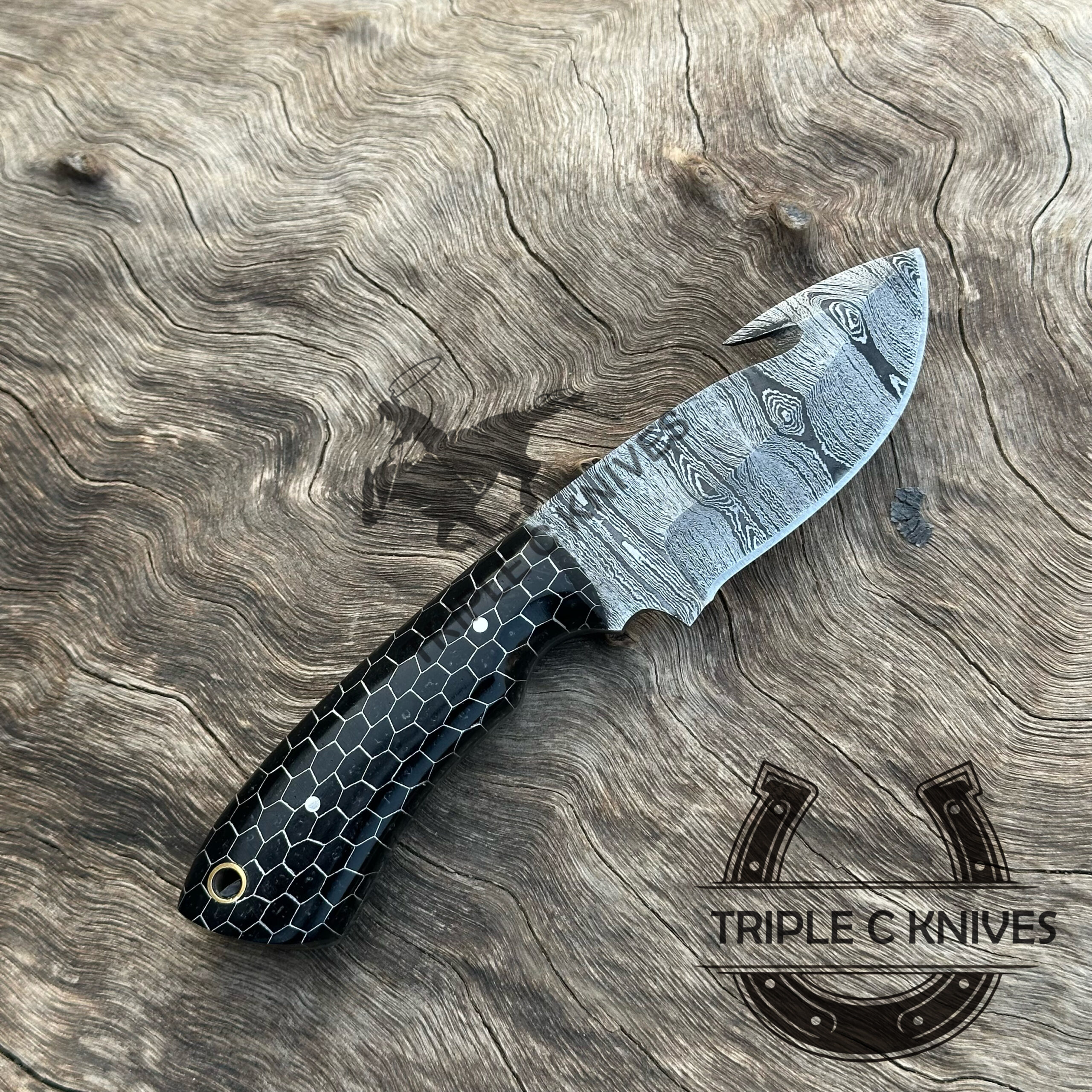 Custom made Damascus steel fixed blade cowboy Gut Hook knife - Image 2