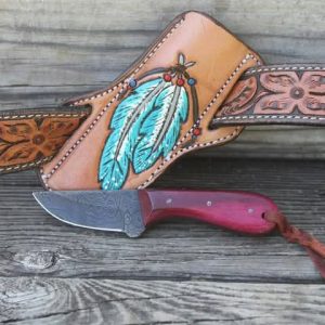 Custom made Damascus steel fixed blade cowboy knife & leather belt