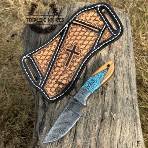 Custom made Damascus steel fixed blade cowboy knife