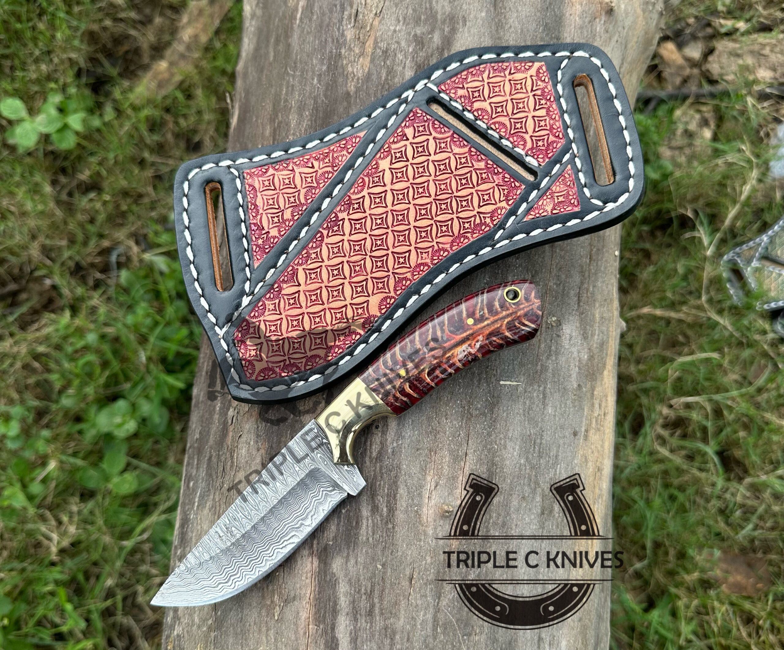 Custom made Damascus steel fixed blade antique western style cowboy knife 2028