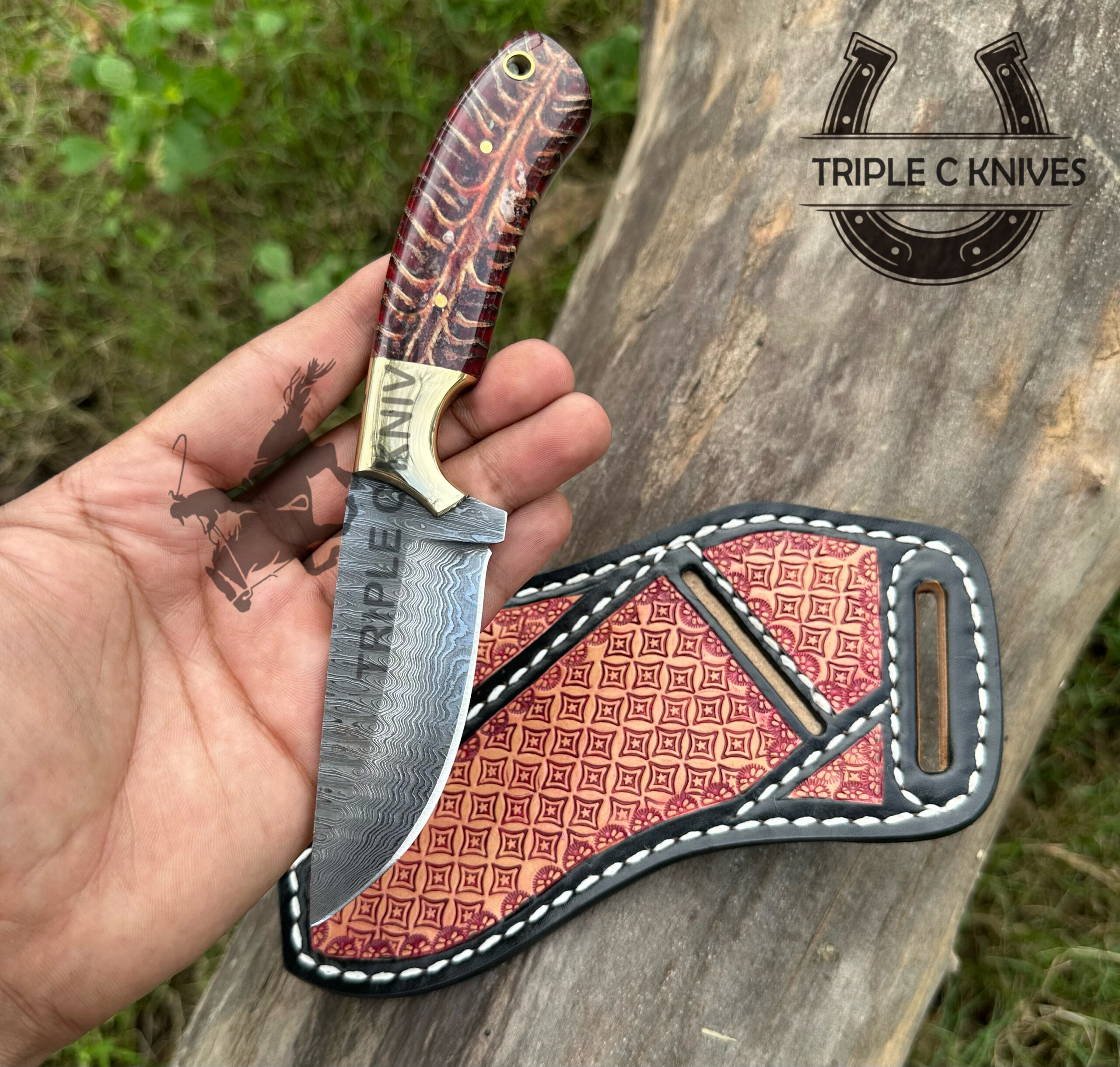 Custom made Damascus steel fixed blade antique western style cowboy knife 2028 - Image 2