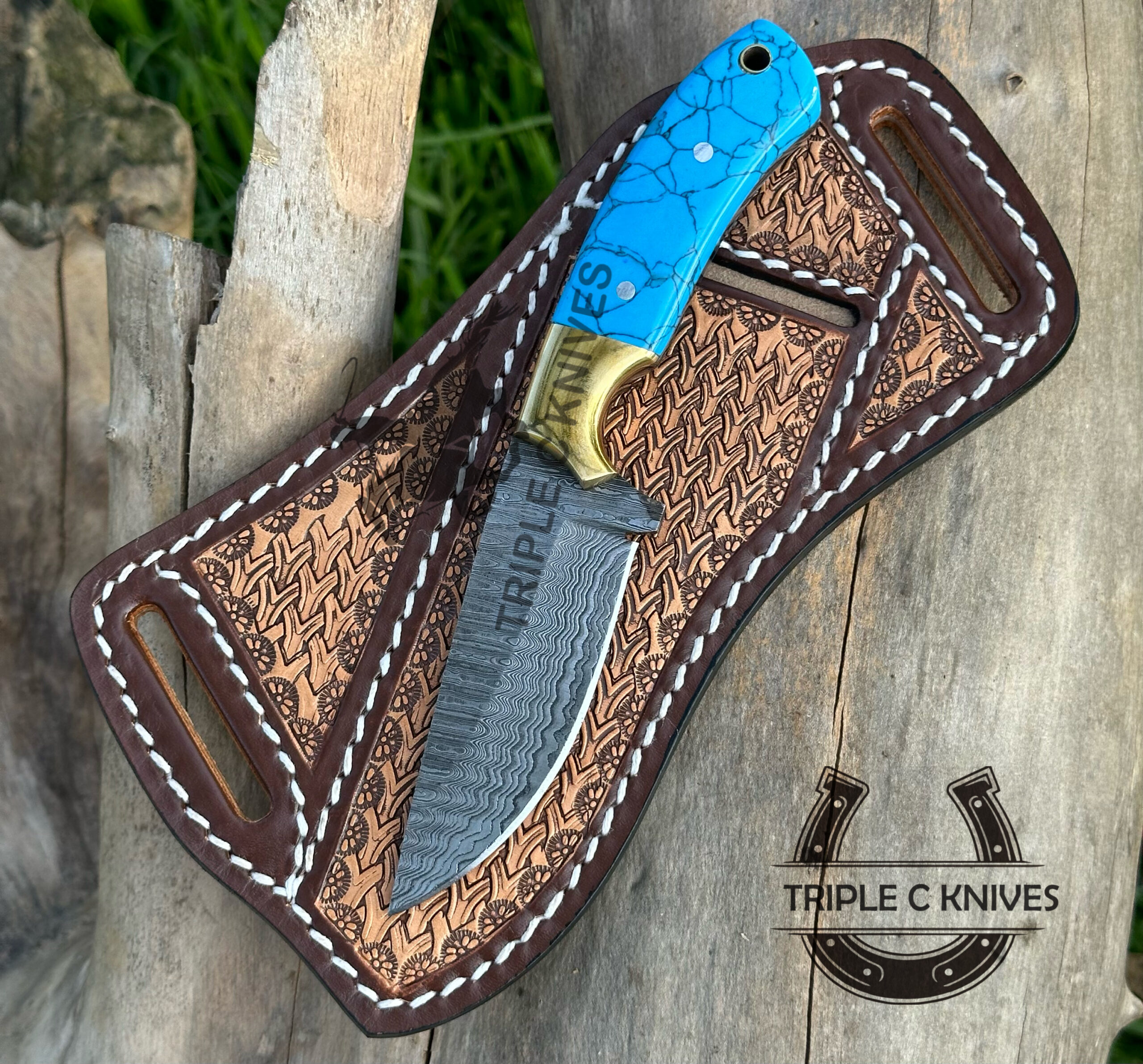 Custom made Damascus steel fixed blade antique western style cowboy knife 2027 - Image 2