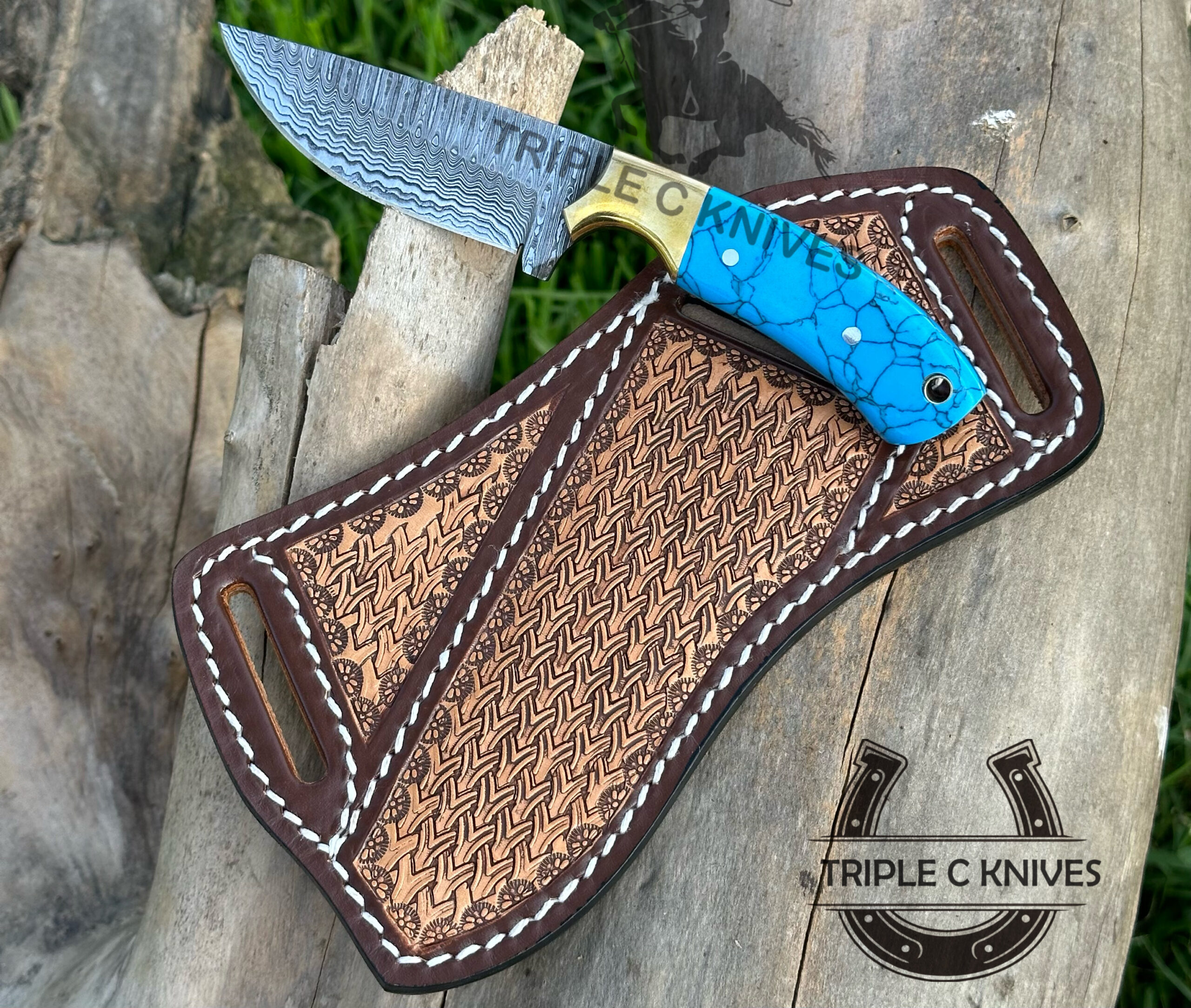 Custom made Damascus steel fixed blade antique western style cowboy knife 2027 - Image 3