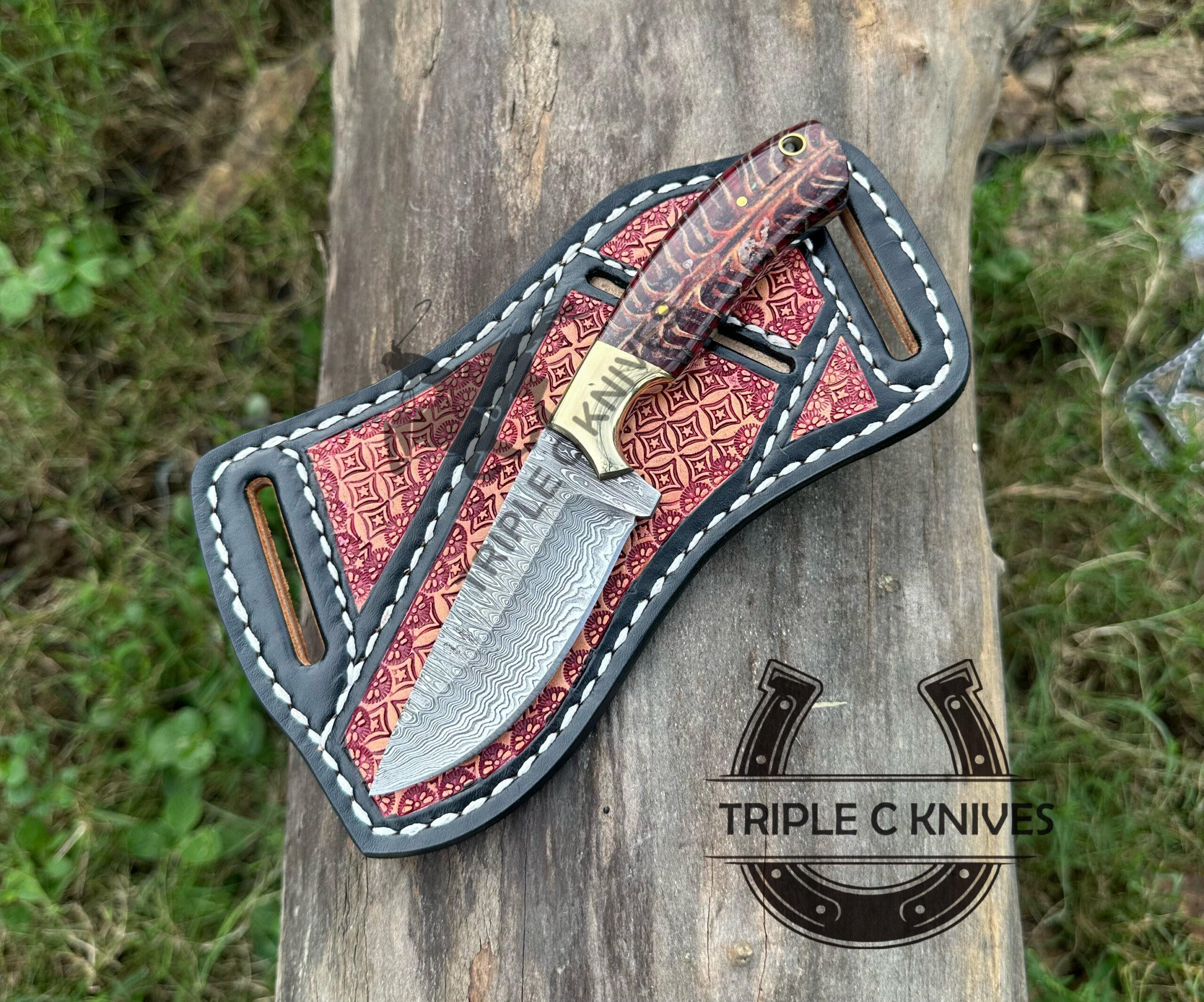 Custom made Damascus steel fixed blade antique western style cowboy knife 2028 - Image 3